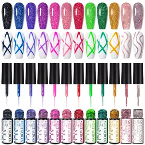 Reflective Glitter Nail Liner Gel Set, 12pcs Superflash Spark French Style Pull Line Graffiti Painting Stripe Gel Soak Off Gel Varnish, Nail Polish, Long Lasting Gel Nail Art Gift, DIY French Manicure, Nail Art DIY For Women & Girls
