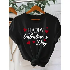 Women's Vintage Valentine's Day Heart Print T-Shirt - Short Sleeve Round Neck Blouse with Heart & Love Letter Graphics