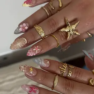 New 3D Resin Shell Starfish Gradient Nail Art, Blue Border Beach Ocean Theme, Elegant High-End Dopamine Style, Detachable False Nails