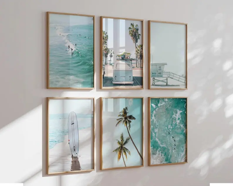 Teen Girl Room Decor Pastel Blue Beach, Set of 6 Prints, Set Surfboard Art Surf Print Coastal Tropical California Coastal Beach Prints P6-31
