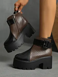 New Women's High Heel Ankle Boots, Fashionable Retro Colorblock Design, Zipper Round Toe Thick Sole Punk Motorcycle Shoes