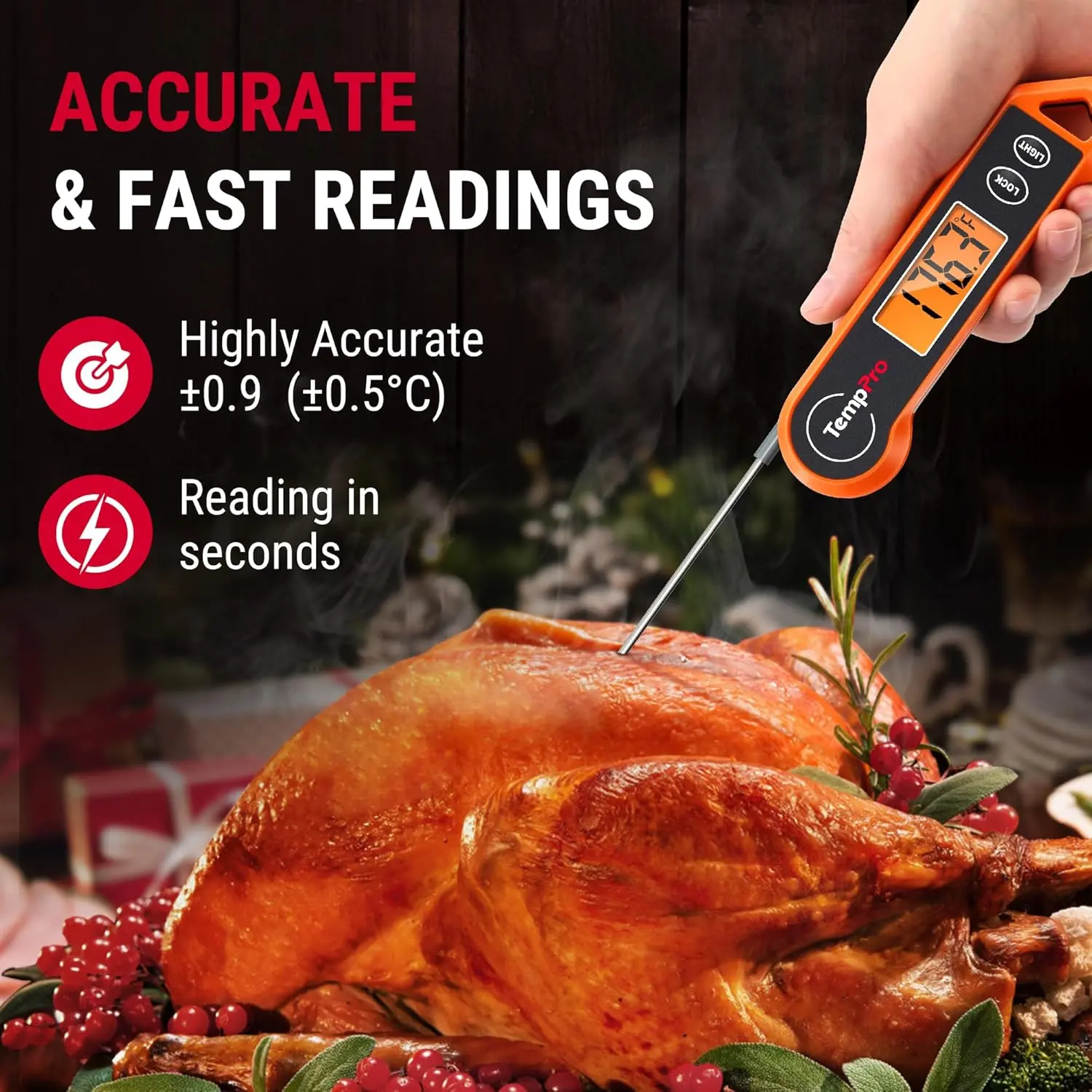 Temppro TP19H 1 Sec Digital Meat Thermometer for Cooking | Instant Read Food Thermometer with Motion Wake for BBQ Grill Oil Fry Candy, Gifts for Men Dad Husband (Previously Thermopro) TempPro