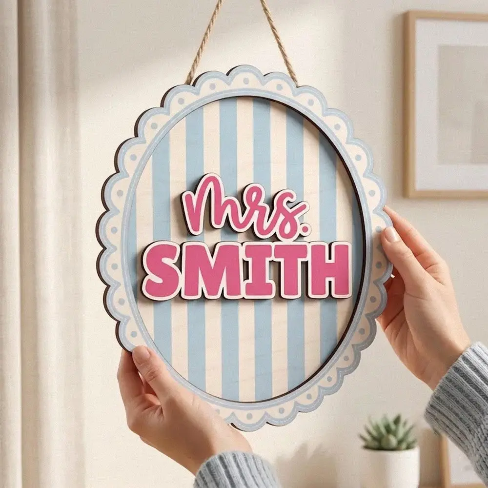 Personalized Teacher Name Door Sign Custom Wooden Door Hanger 2 Layer Classroom Decor Gift