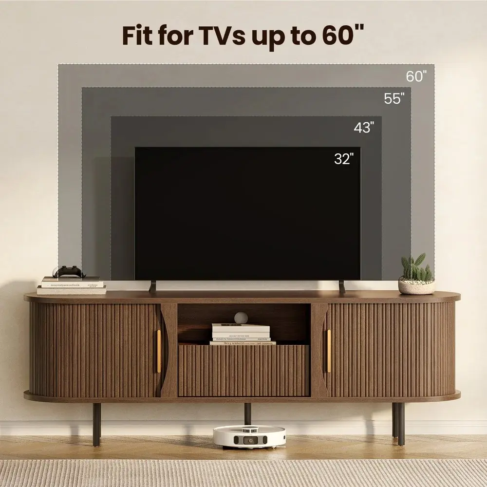 SIKAIC 63-in Mid-Century Minimalist TV Stand - Fluted Wood Console Cabinet, Sliding Doors, Drawer, Cable Management, Waterproof Surface, Living Room Decor, Apartment Furniture, Fits Up to 65-in Televisions