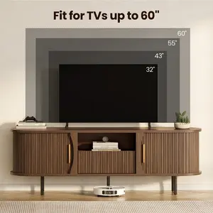 Sikaic 63 inch Mid-Century TV Stand with Storage, Fluted Entertainment Center with Sliding Doors and Drawer, Media Console up to 65 Inch for Living Room, Bedroom, Walnut Brown