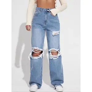Women’s ripped jeans — summer casual, comfortable denim pants with button pockets; fashionable women’s underwear for everyday wear. GARMENTARY