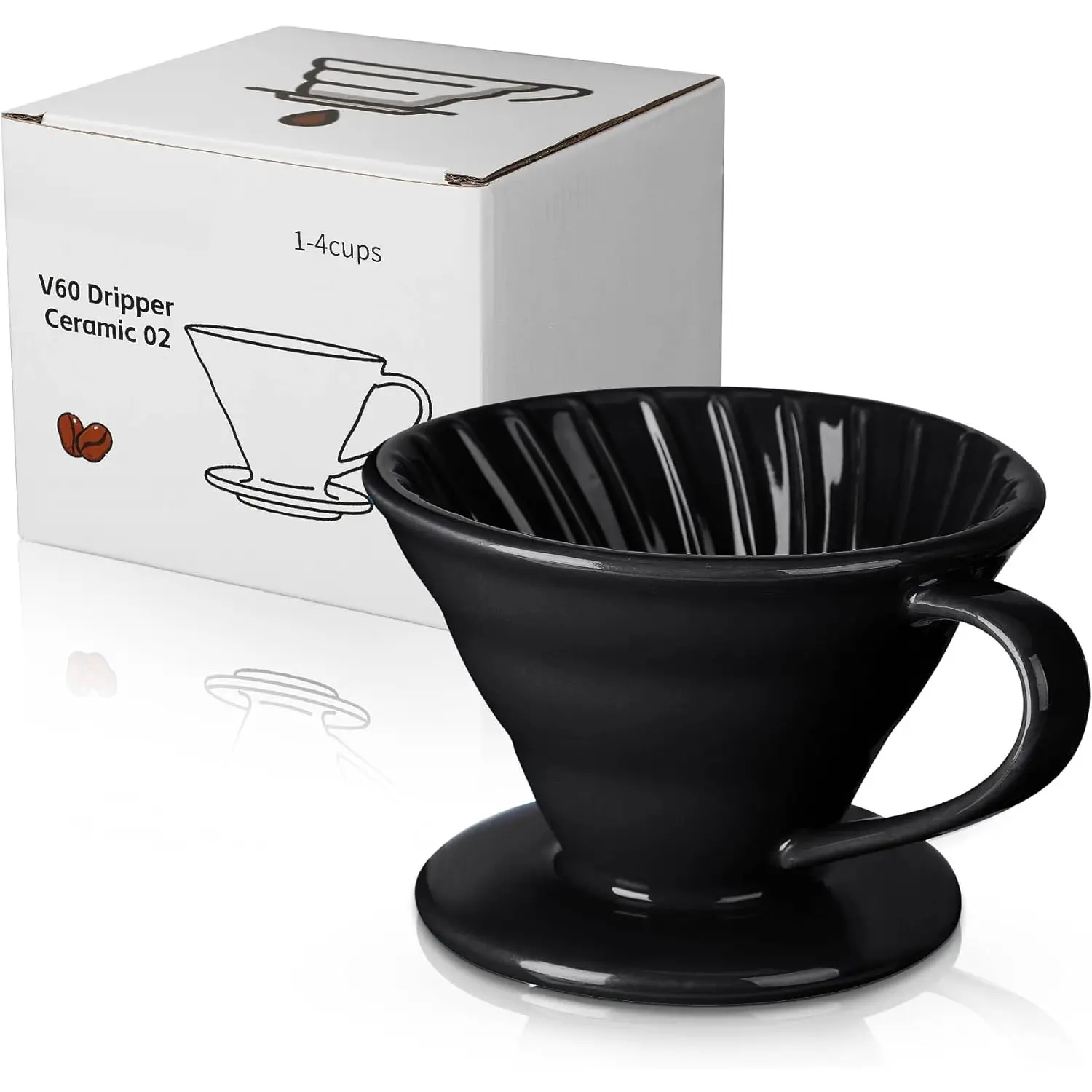 Pour Over Coffee Dripper - Ceramic Pour Over Coffee Maker Cone, Porcelain Coffee Drip, Pour Over Single Cup, Manual Brew Maker for Home, Cafe, Office - 1-4Cup, V60 Size 02 (Black)
