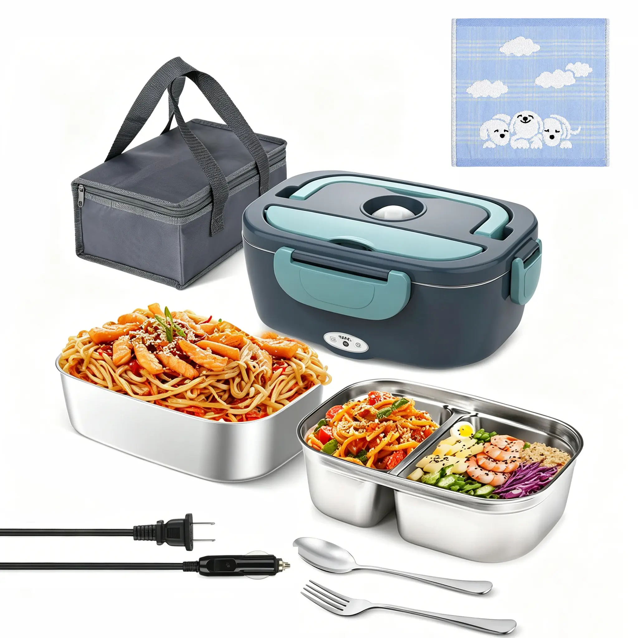 Electric Lunch Box Food Heater, 3 in 1 Ultra Quick Heated Lunch Boxes for Adults, 12V/24V/110V Portable Food Warmer for Car/Truck/Office With Fork Spoon and Insulated Carry Bag,Christmas Gift