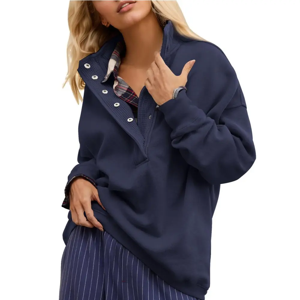 EncoLax Women's Casual Long Sleeve Stand Neck Sweatshirt Lightweight Button Drawstring Pullover Tops