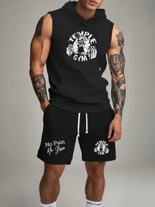 Men's Summer Fitness Set, Temple Gym Bull Dog Weightlifting Print Hooded Sleeveless Vest + Casual Waist Drawstring Shorts, Comfortable Breathable Fabric