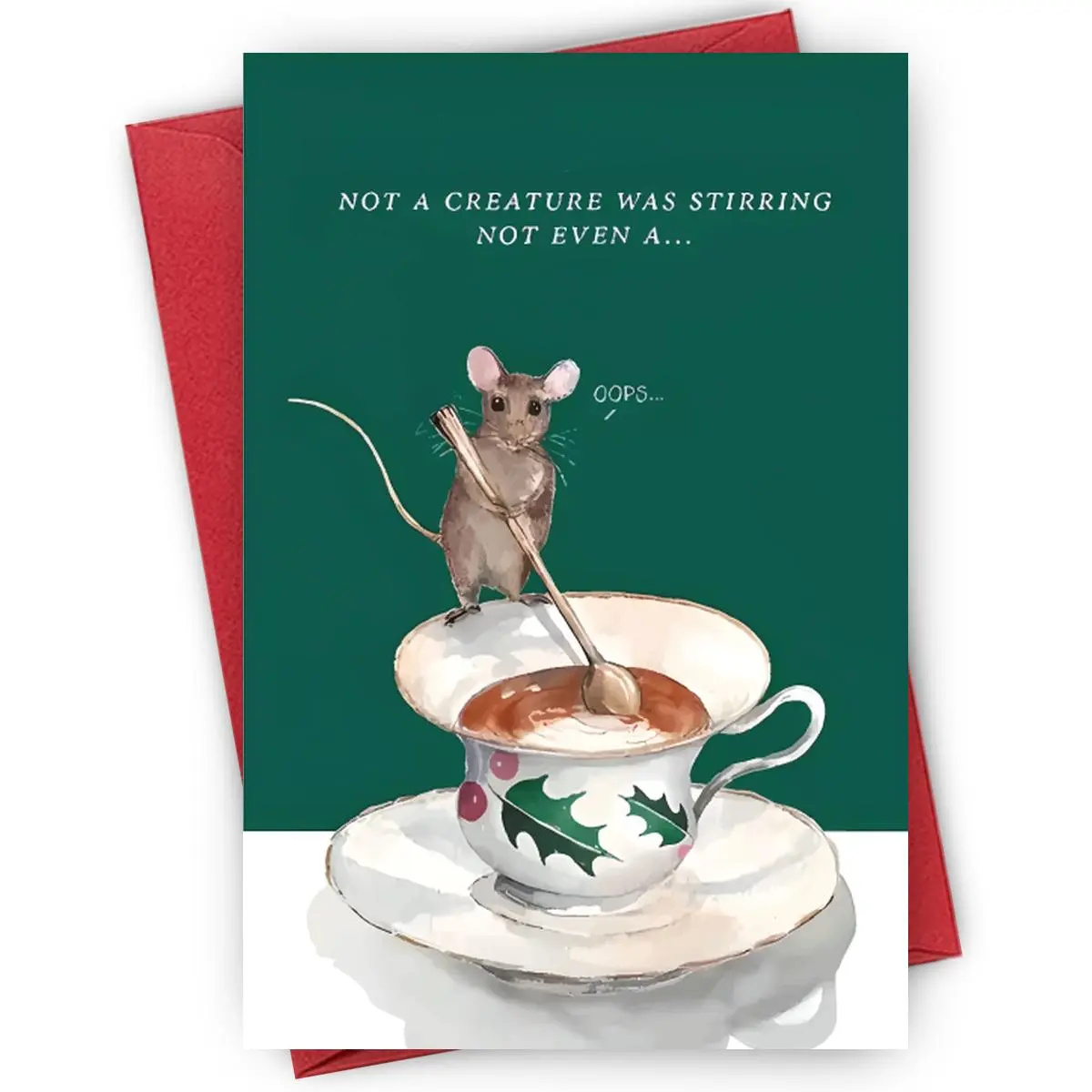 Whimsical Mouse Christmas Card - "NOT A CREATURE STIRRING... OOPS!" | Cocoa Cup Chaos, Holly Pattern, Suitable for Book Lovers, Unconventional Xmas, Greeting Card