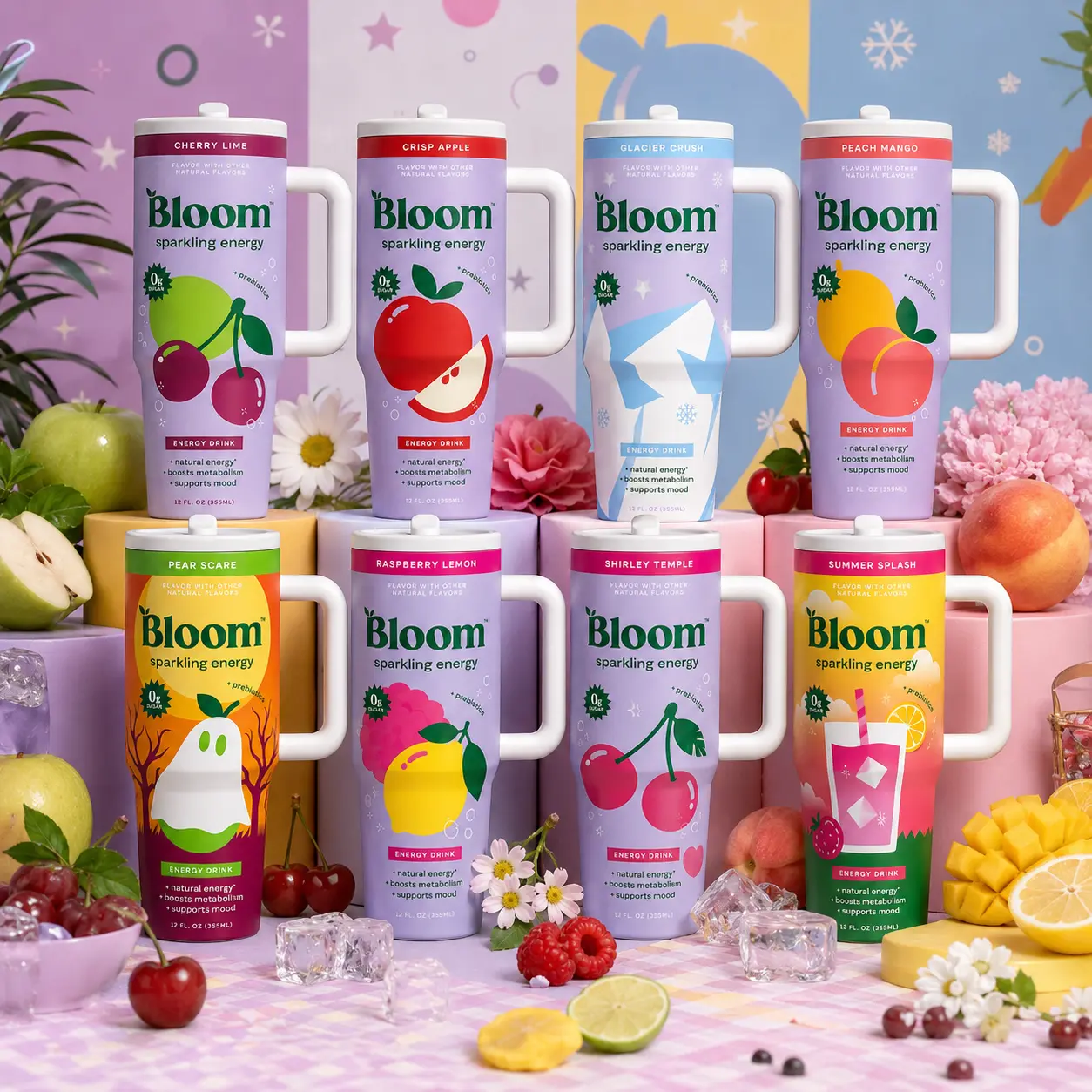 Flip Straw - Bloom Energy Drink Full Color 40oz/ 30oz/ 20oz Stainless Steel Tumbler With Handle and Flip Straw | Stainless Steel Travel Cup | Gift for Energy Drink Fans