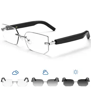 Smart Glasses Rimless Smartglasses with Bluetooth Speaker,Remote Control Photo Taking/UV Protection Voice Control (Photochromic Lenses) camera