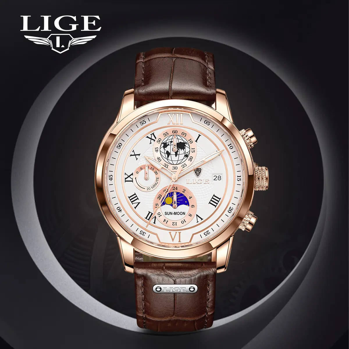 LIGE Men's Retro Quartz Watch with Moon Phase, Luminous Waterproof Dial, Mineral Glass, and a Business Style Adjustable Leather Strap, Adjustable Belt, Durable, Men's Watches, Round Face, < 30M, Retro Style, Analog-Digital, Black Watch White Dial