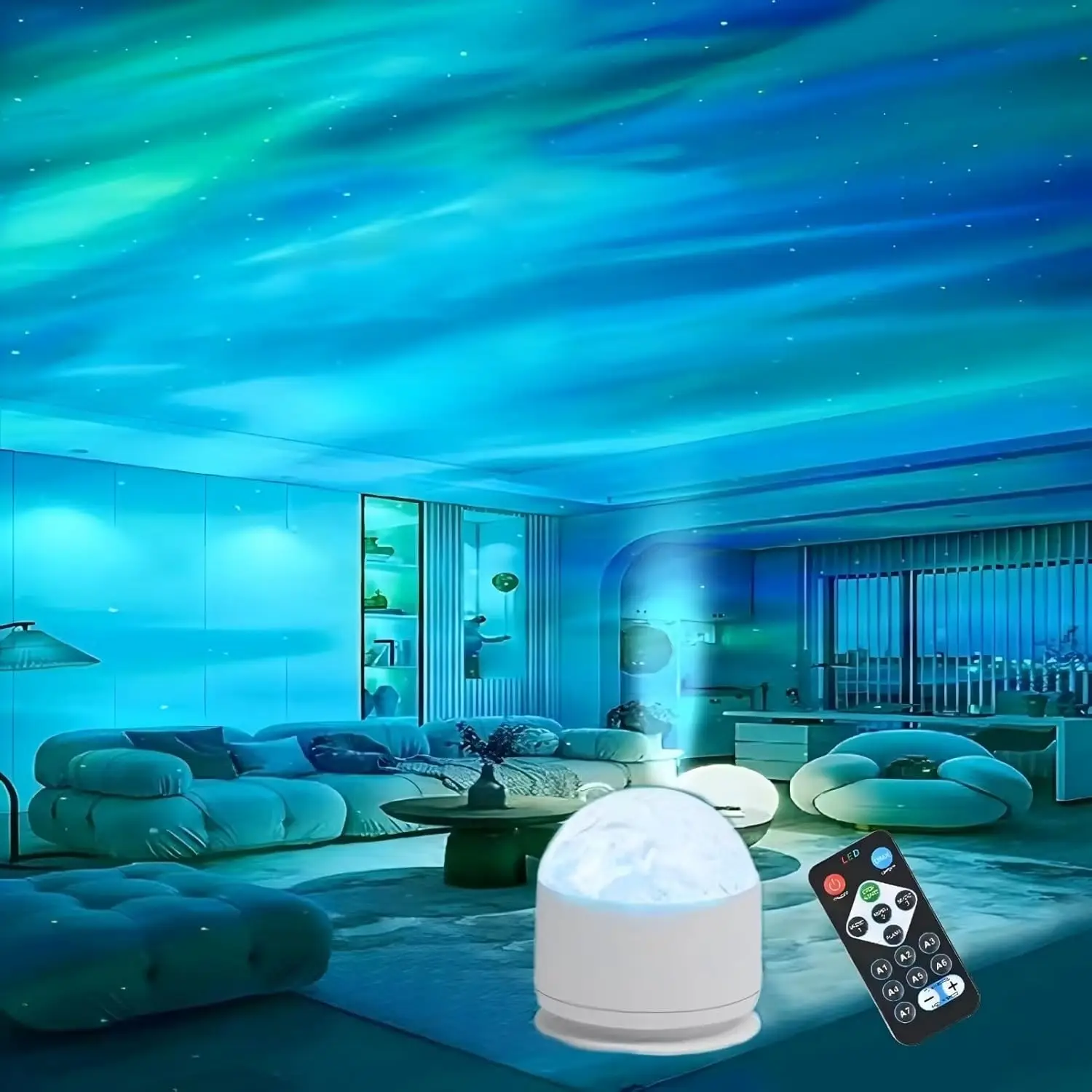 7 Color change along with the rhythm of the music,2 Scene - Ocean Wave & 3D Water Ripple Projector Light,Star Projector Night Light for Bedroom, Party
