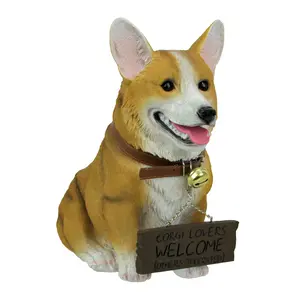 11.5in Welsh Corgi Statue w/ Reversible Sign - Realistic Pet Decor for Indoor/Outdoor Use