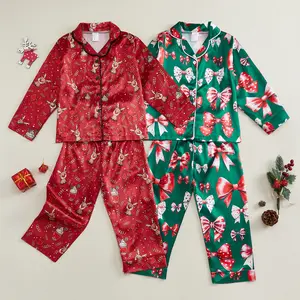 REDWOON Toddler Baby Girl Silky Satin Christmas Pyjamas Sets Long Sleeve Button Down Top and Bottoms Girls Christmas Pjs Cute Print Christmas Pajamas
