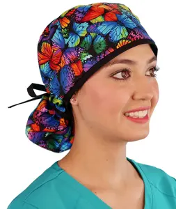 Big Hair Ponytail Surgical Scrub Cap - Perfect Scrub Cap for Long Hair - Butterfly Me Away with Black Ties