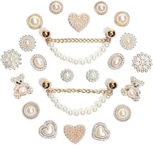 22Pcs Bling Rhinestones Pearls Shoe Charms with 2 Sparkling Shoe Chains, LOVE Queen Letter, Shoe Decorations Charms for Clog Sandals Women Girls Party DIY