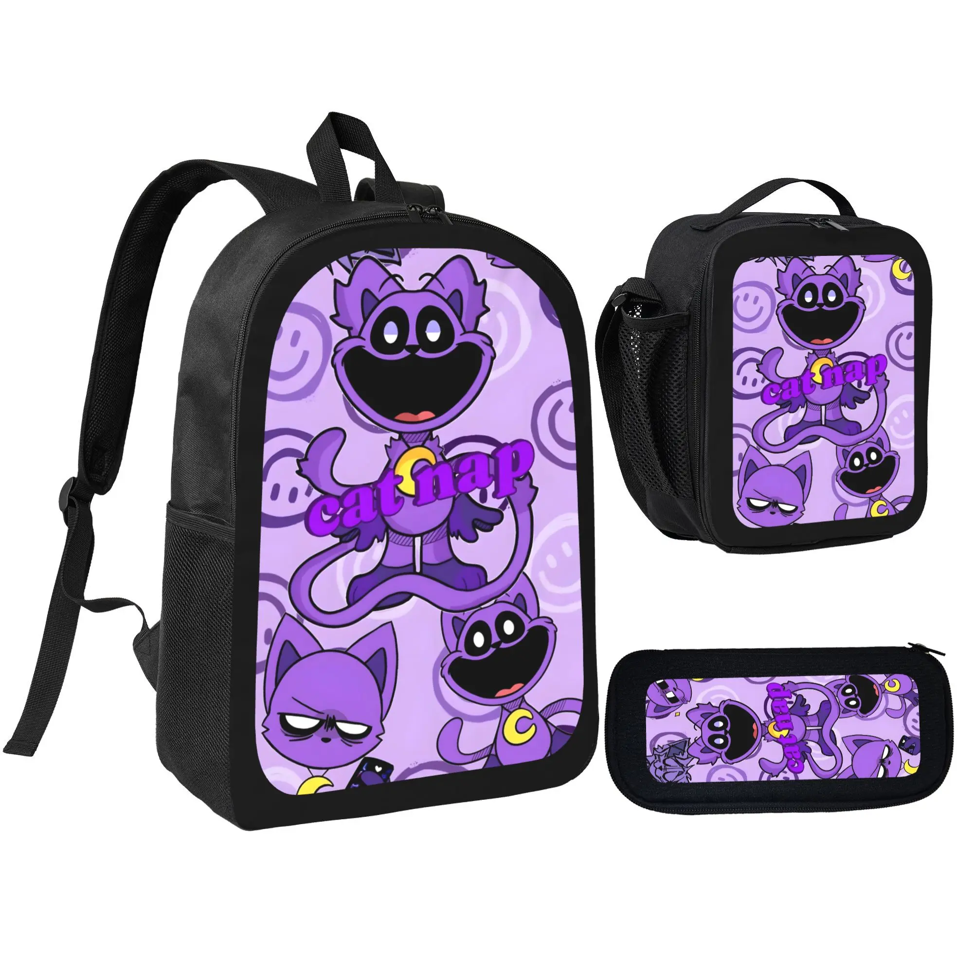 CatNap Polyester 3-Piece Backpack Set - Cartoon Print Anime School Bag with Insulated Lunch Box, Pencil Case for Kids Travel Combo
