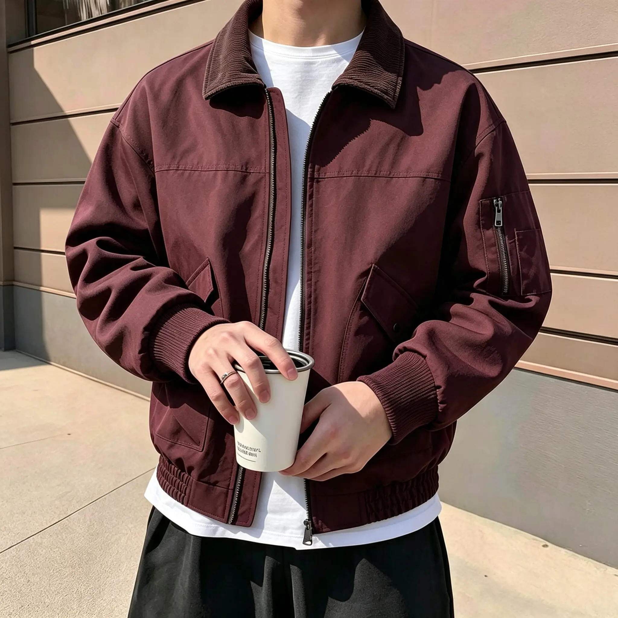 Men’s Burgundy Corduroy Collared Zip-Up Bomber Jacket, Lightweight Casual Flight Jacket, Street Outerwear for Spring and Autumn