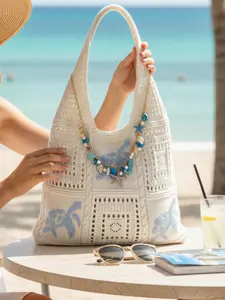 Women's Summer Beach Handbag, Crochet Design, Turtle Pattern, Starfish Shell Pendant, Large Capacity Open Top Bag, Boho Style