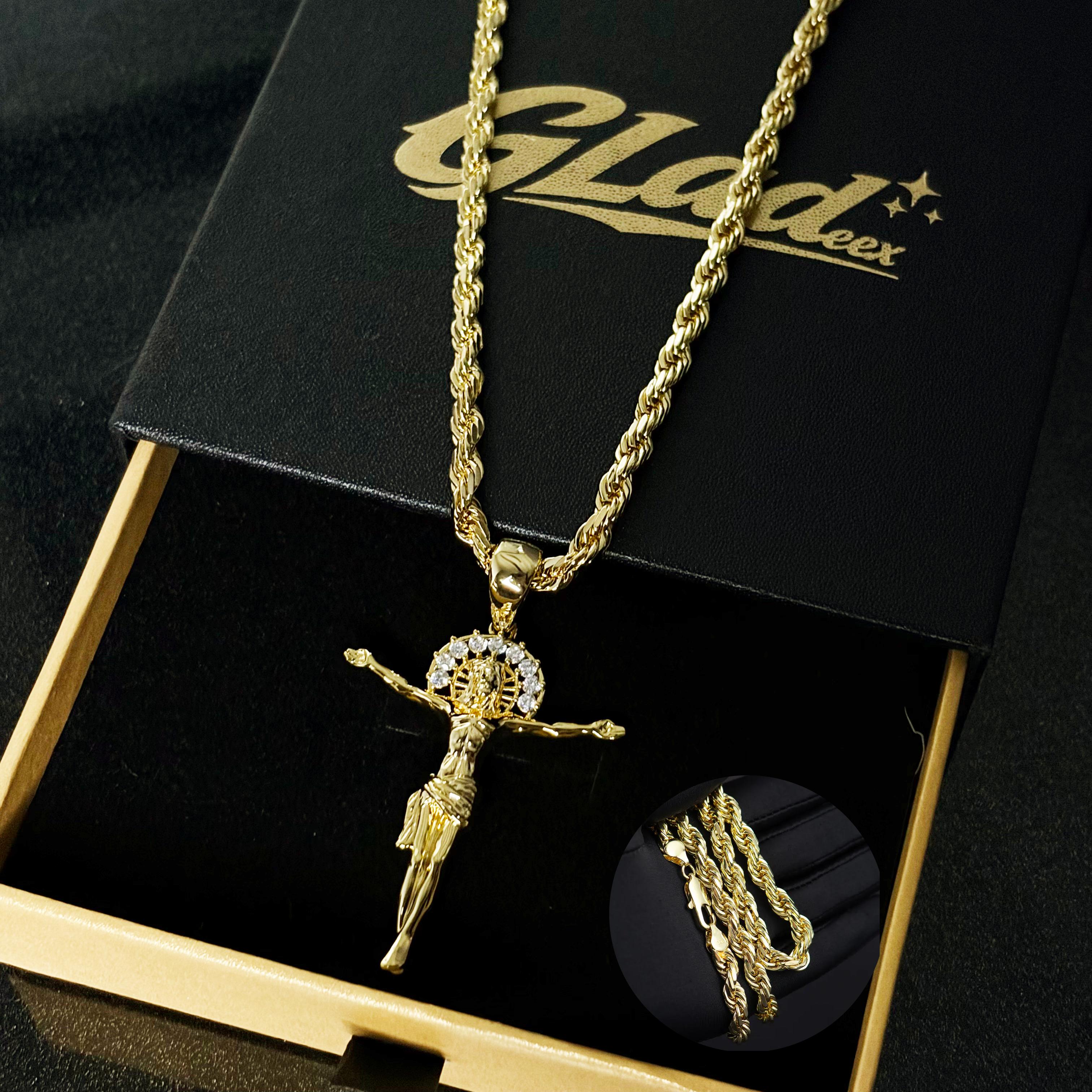 Gold plated Jesus pendant rope chain and bracelet in a GLADEEX gift box