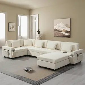 128*67" U Shaped Sectional Sofa,6 Seat Chenille Couch Set with Oversized Ottoman,Hidden Armrest Storage and Cup Holders,USB Charging Ports,Wide Seat Sofa for Living Room,Apartment,2 Colors