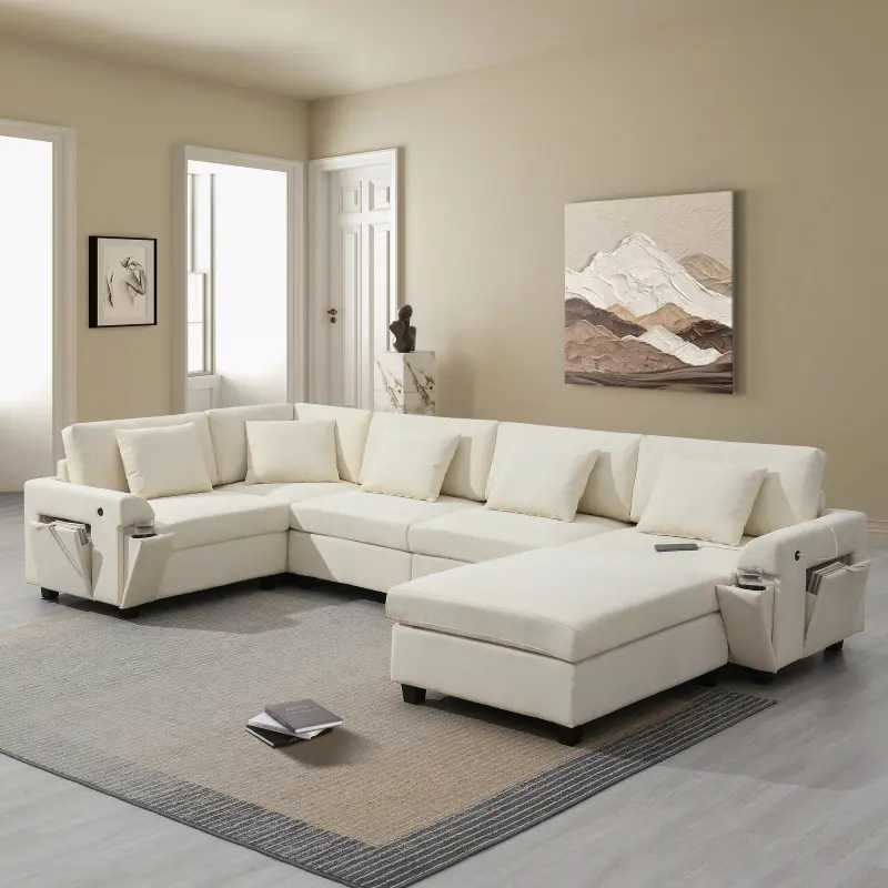 U-Shaped Chenille Sectional Couch - 128x67in 6-Seat Luxury Double-Cushioned Modular Sectional Sofa, Oversized Ottoman, Hidden Armrest Storage, Cup Holders, USB Ports, Wide Seats, Sturdy for Apartments (2 Colors), Modular Sectional Couch