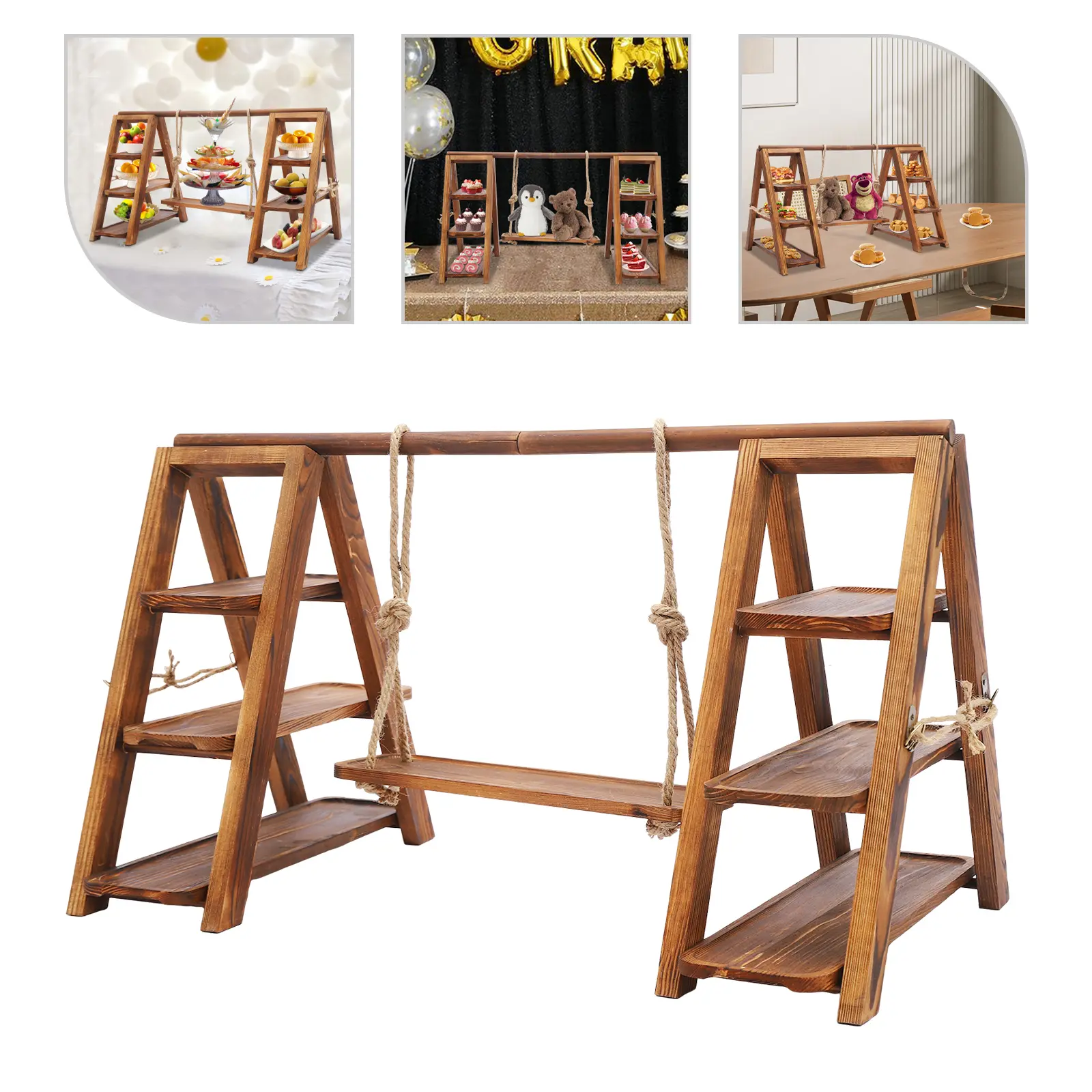 1Pcs Wooden 3-Tier Solid Wood Detachable Serving Ladder Stand, Charred Finish, Triangle Structure, 6KG Load Capacity Tray for Party Cupcake Display, Home Dinner Decor Gift