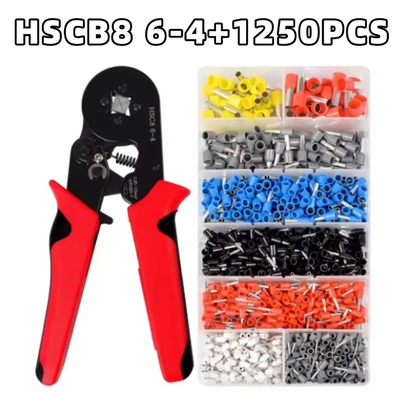 1250pcs Tube Terminal Crimping Tools Ferrule Crimping Pliers Ratchet Tools HSC8 6-4 0.25-10mm² 23-7AWG Square Ratcheting Electrician Clamp Set Hand Tools Hardware