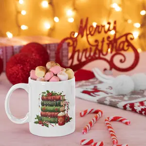 Festive Ceramic Mug "All Booked for Christmas" Design 11oz Reusable Washable Microwave Dishwasher Safe Perfect for Coffee Tea Hot Cocoa Christmas Gift for Book Lovers Winter Tumbler Cup