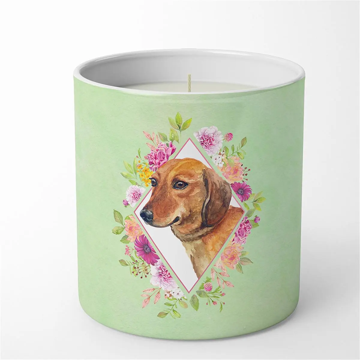 10 oz Dachshund Red No.1 Green Flowers Decorative Soy Candle