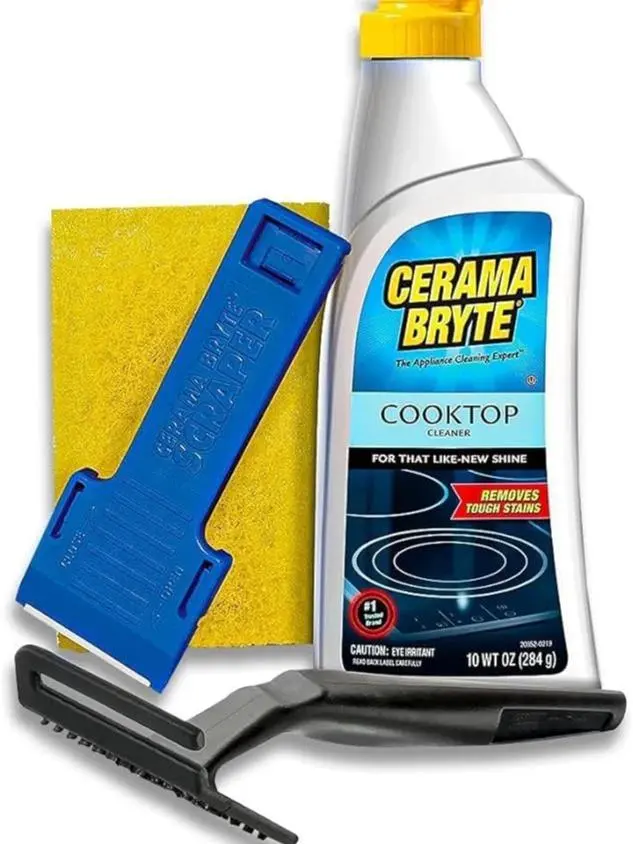 Combo Kit POW-R Grip, Scraper, Pad & Removes Tough Stains Cooktop and Stove Top Cleaner for Glass - Ceramic Surfaces, 10 Ounces, 4 Piece Household Household