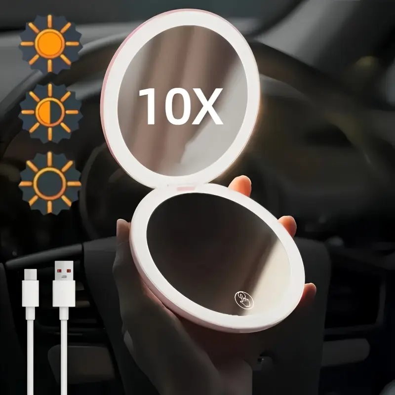 10x Magnifying Lighted Led Makeup Mirror with Dual Lights & Tri-Color Illumination, Foldable Travel Design, Battery-Free Beauty Tool for Touch-Ups, Led Illuminated Mirror