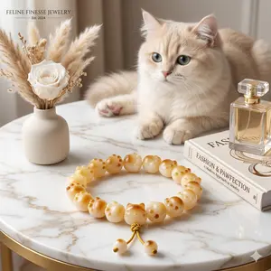 Women's Cat Paw Bracelet with Cute Bodhi Root Beads and Natural White Jade Bodhi Seeds, Cute Bodhi Root Bead