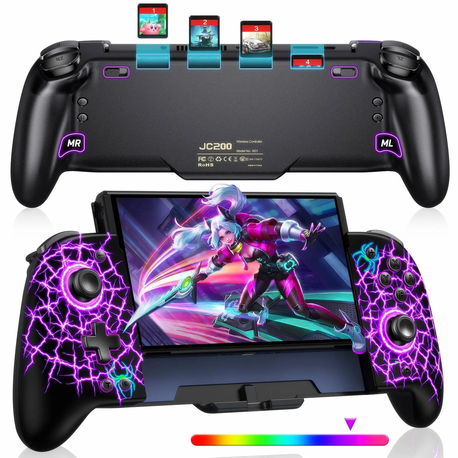 BEBONCOOL Switch Controllers with upgraded Hall Joystick for Switch/OLED, Full-Size Ergonomic Handheld Mode Wireless Switch Joypad, One-Piece Wireless Switch Joypad with Turbo/Programming/1000mAh Battery