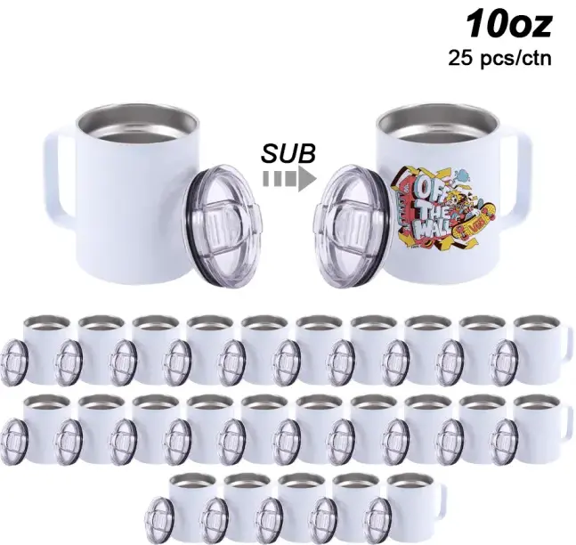 Icesip 10oz Sturdy Stainless Steel Insulated Double-Wall Sublimation Coffee Mug - 25pcs/Ctn Lowball Cup with Handle, Lid, Portable for DIY Custom Print Home/Party Gift Vacuum Tumbler, Insulation