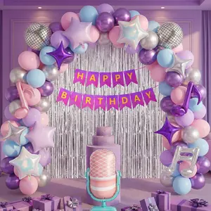 Music-Themed Balloon Arch Kit with Microphone, Disco Notes & Pink Purple Balloons for K-Pop Party
