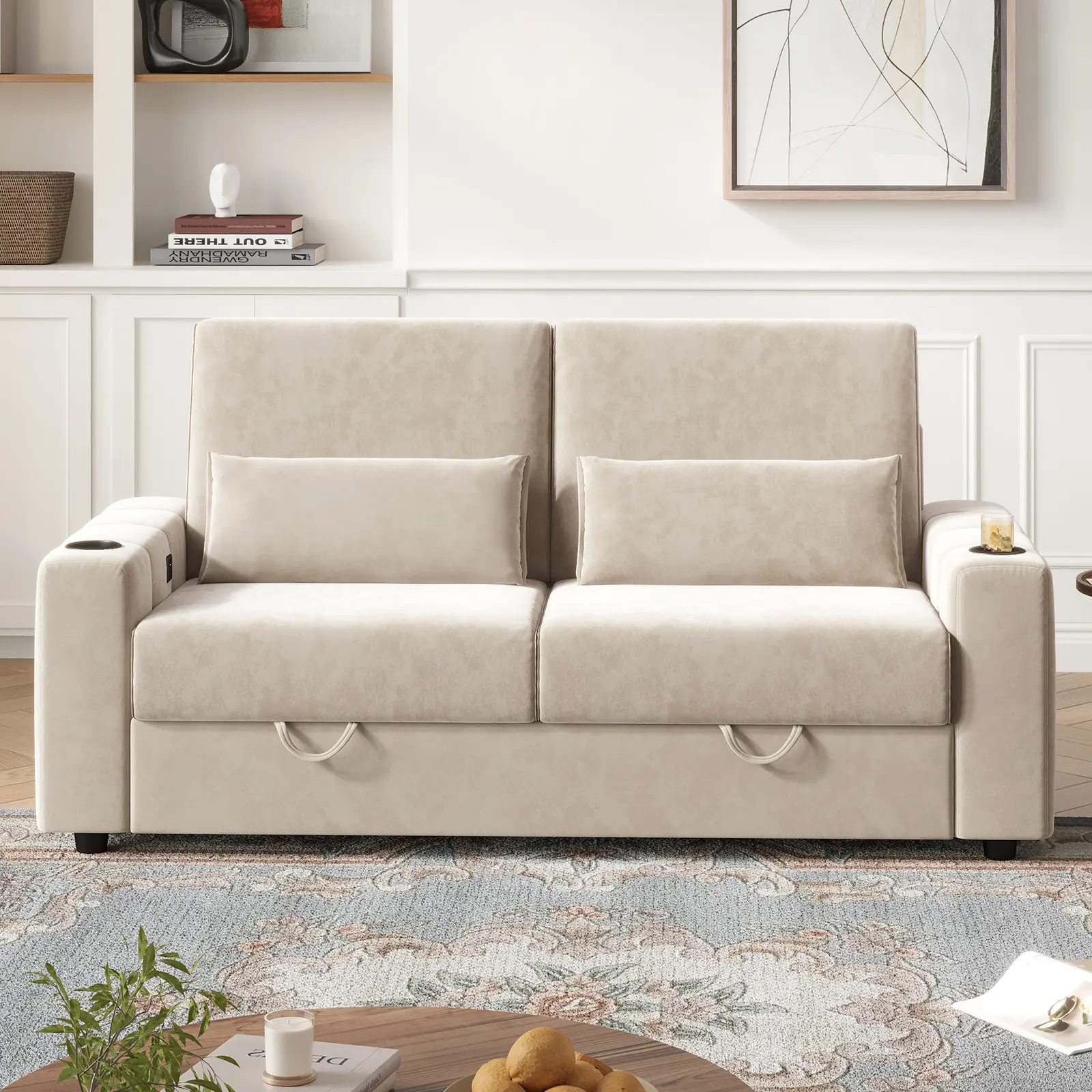 Loveseat Sofa, Larger Couch Velvet Fabric with Storage, Charging Ports, Heightened Backrests, Removable Cover Modern Comfy Couches Easy Assembly for Living Room, 88 Inch Beige