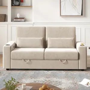 Loveseat Sofa, Larger Couch Velvet Fabric with Storage, Charging Ports, Heightened Backrests, Removable Cover Modern Comfy Couches Easy Assembly for Living Room, 88 Inch Beige