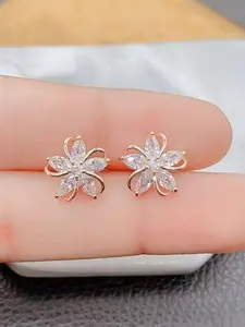 1pair Korean StyleSterling Silver Zircon Flower Stud Earrings - Dainty 5-Petal Floral Jewelry, Minimalist Elegant Ear Pieces for Women, Fairy core Aesthetic Gift