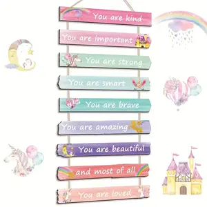 9 Piece Set 2D Flat Wooden Unicorn Rainbow Wall Decor, Inspirational Art Aesthetic Wood Sign, Home Bedroom Living Room Door Decoration, Wall Hanging Ornament, Wall Hanging Design