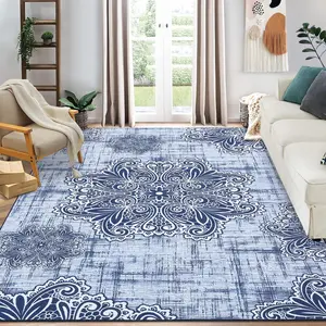 【GARVEE】Washable Area Rug 10x13 Rug Large Living Room Rug Oriental Medallion Rug Floral Rug Farmhouse Rug Vintage Rug Soft Non-Slip Stain Resistant Carpet for Bedroom Dining Room Home Office,Blue