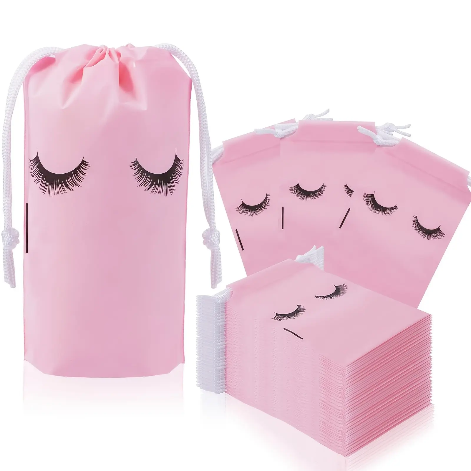 50 Pack Thick 12-Strand Eyelash Care Bags, Drawstring Makeup Beauty Sample Pouches, Cosmetics Bag, Makeup Storage Organizer, 4x6 Inches, for Women and Girls
