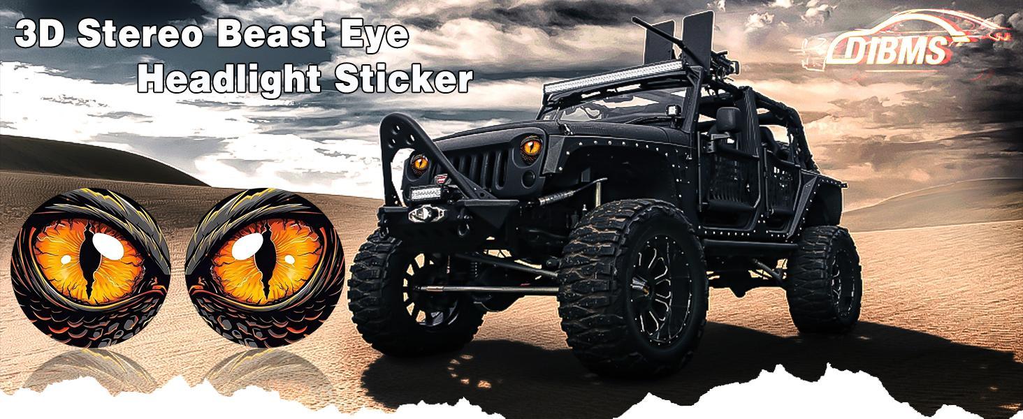 DIBMS 2 Pack 3D Stereo Beast Eye Headlight Sticker, round Eye Sticker Suitable for Jeep Headlights, Fun Car and Truck Body Window Bumper Decorative Stickers