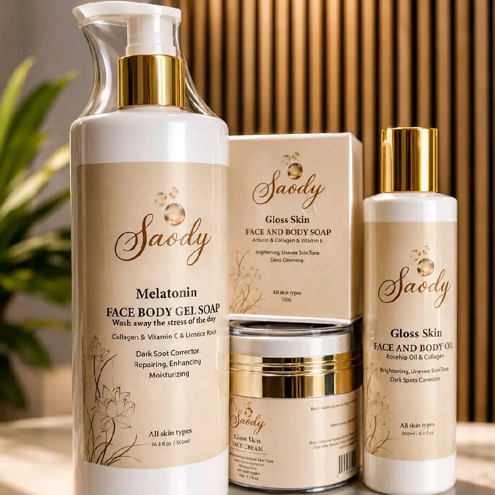 Saody Gloss Skin 4-Piece Skincare Bundle – Face & Body Gel Soap, Face Cream & Body Oil – For All Skin Types