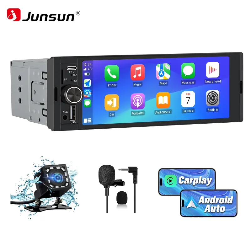 Junsun 1 DIN Car Media Player - 6.36 in Touchscreen Car Radio with CarPlay, Android Auto, Front Reversing Camera, FM Type-C Port for Driving