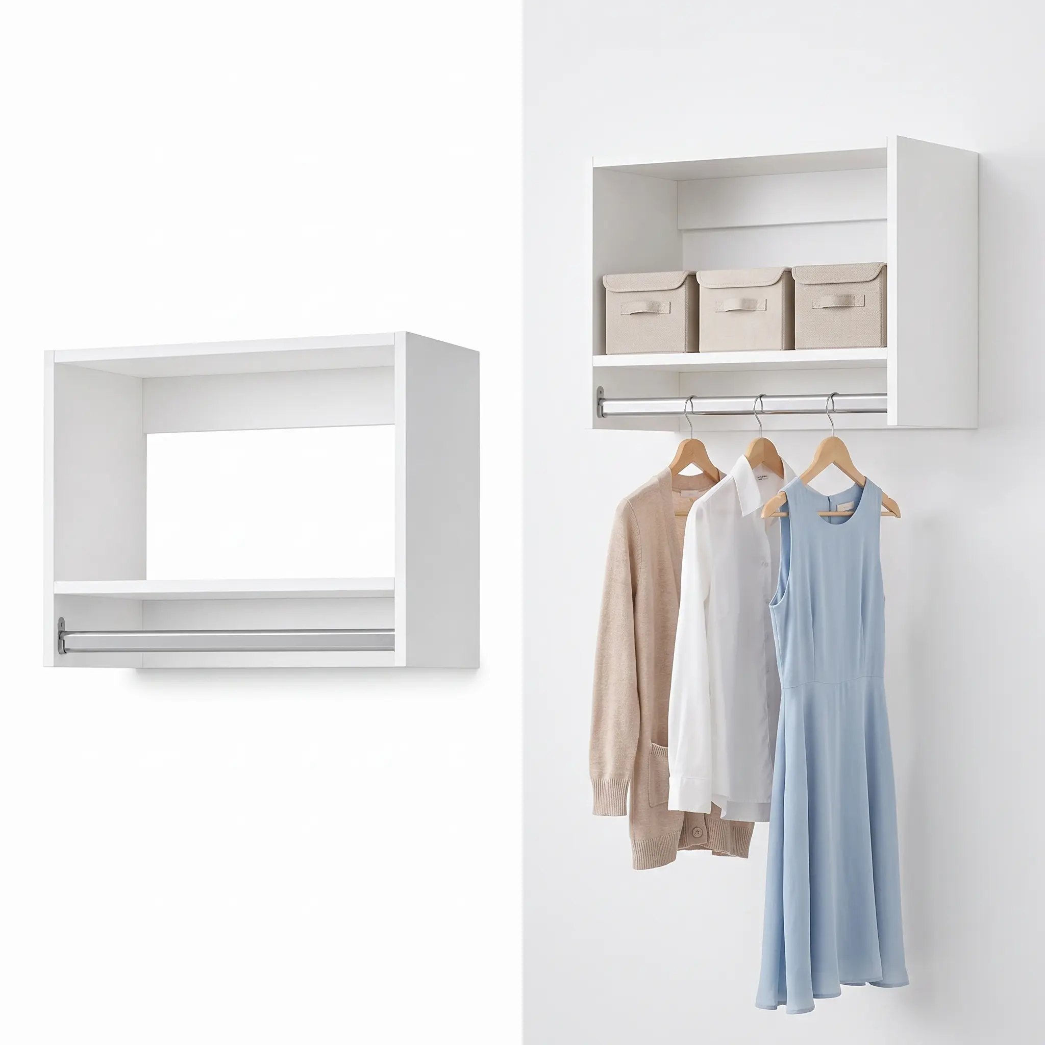 Wall-Mounted Wood Closet Organizer with Hanging Rod, 19.5", White Organizer for Bedroom or Walk-in Closet, Customizable Clothes Storage Unit, White
