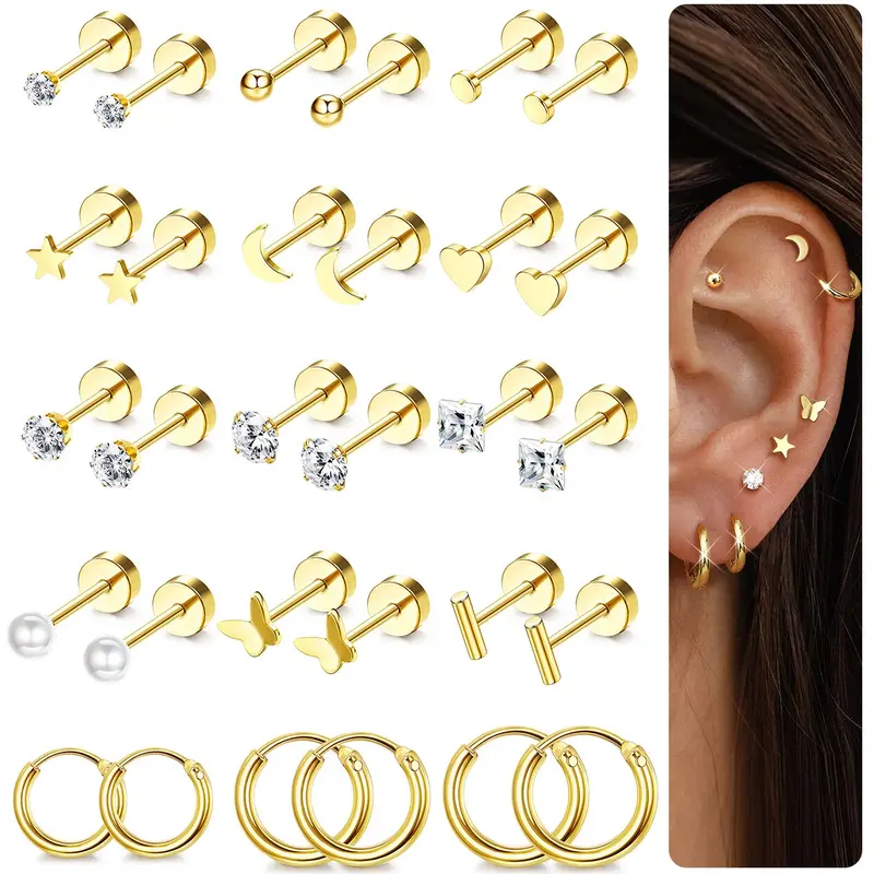 Florideco Women's Small Round Shape Stud Earrings Sets - 14K Gold Plated Surgical Stainless Steel, Hypoallergenic, Lightweight Removable Flat Screw Back Cartilage Jewelry, Gold-Toned Cubic Zirconia, Casual, Elegant